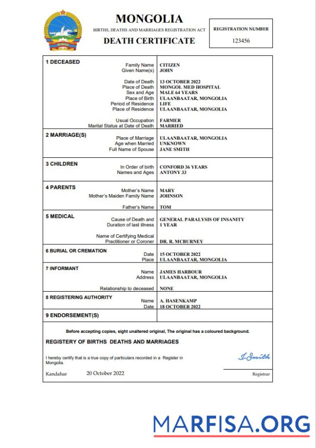 Downloadable Mongolia vital record death certificate Word and PDF template